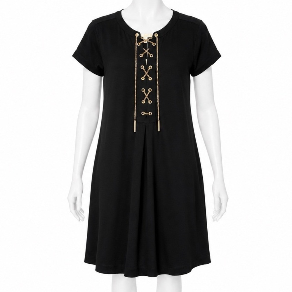 Michael Kors Black Shift Dress Medium Gold Chain Grommet Lace‎ Up Career Work
